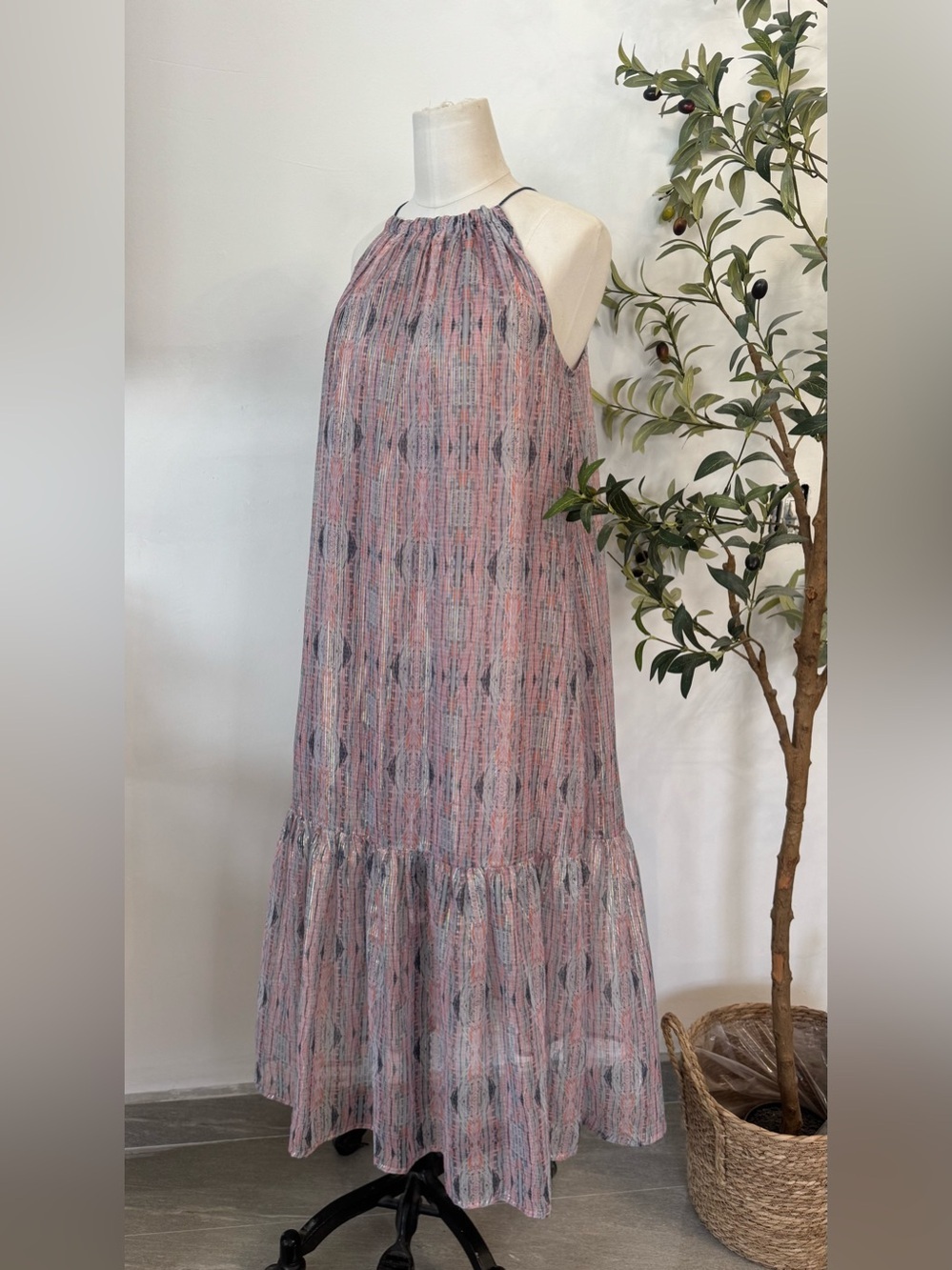 World Market Metallic Stripe Halter Midi Dress S/M Pink Gray Boho - Picture 3 of 7